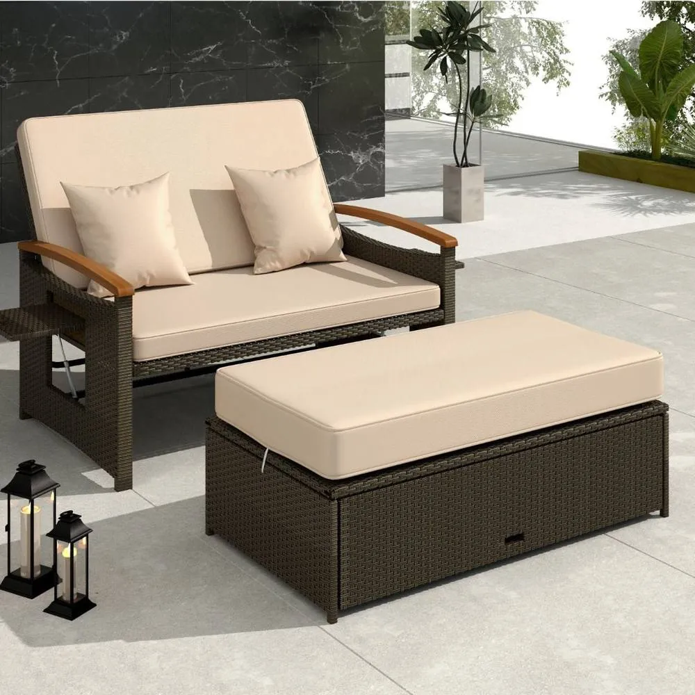 Costway Garden Rattan Daybed Patio Double Wicker Chaise Sun Lounger w/Cushion in Brown