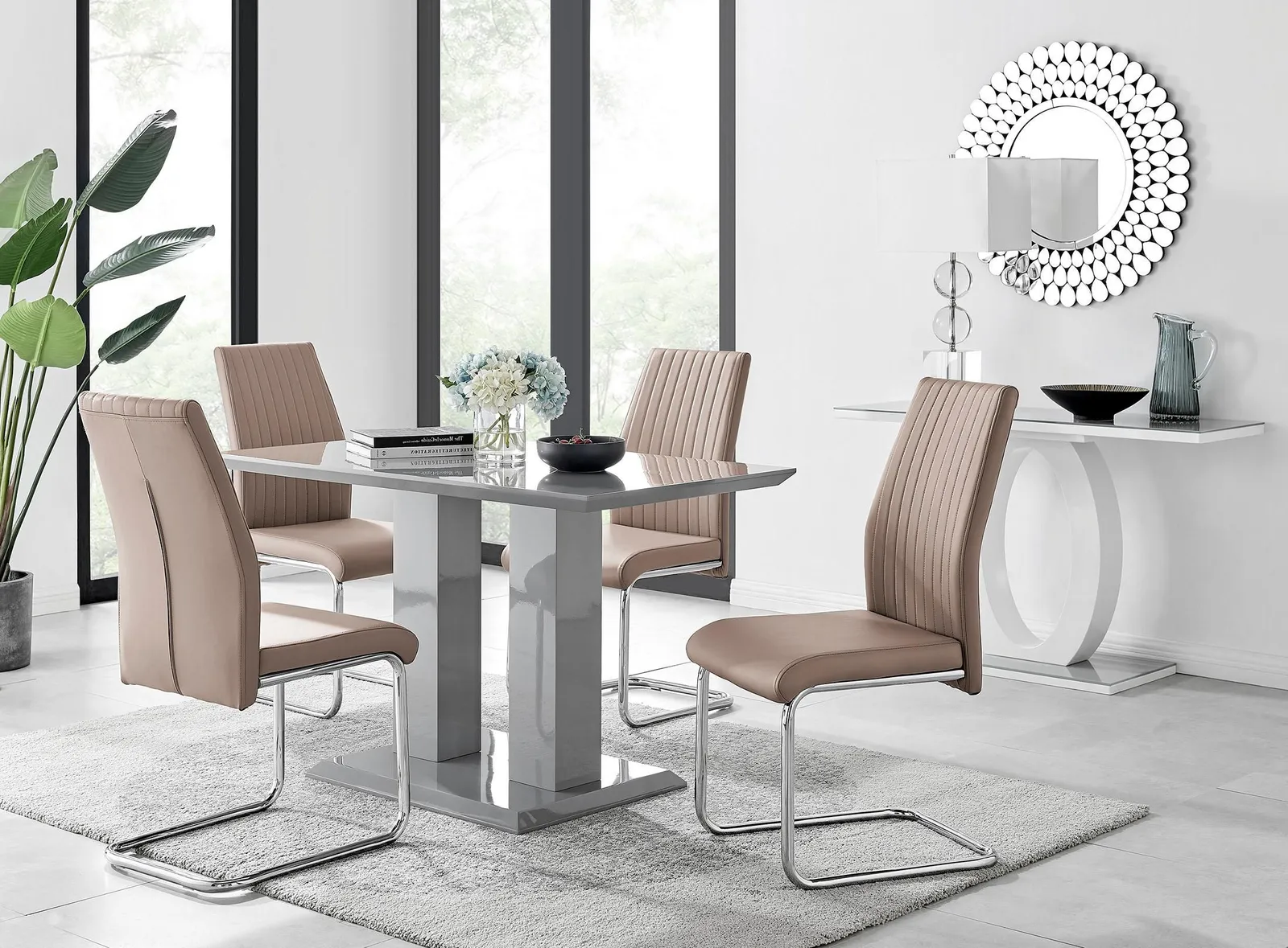 FurnitureboxUK Imperia Grey High Gloss 4 Seater Dining Table with Structural 2 Plinth Column Legs 4 Soft Faux Leather Lorenzo Chairs in Beige