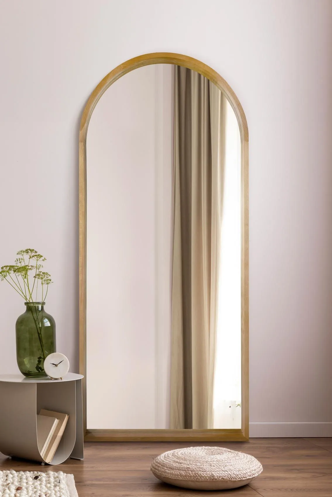 MirrorOutlet Solid Oak Framed Arched Leaner / Wall Mirror 75" X 33" (190CM X 85CM) in Beige