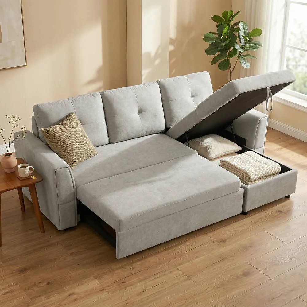 HOMCOM Linen-Look L-Shaped Sofa Bed with Storage Bed Sleeper Flat Studio in Grey 2