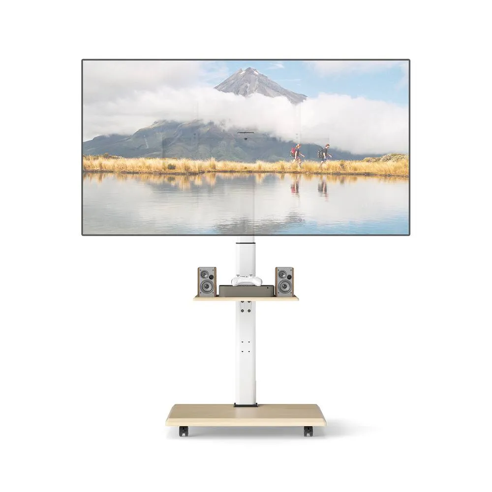 Costway Rolling TV Stand Mobile TV Cart for 32"-75" TVs W/Shelf&30° Tilt Mount in Natural