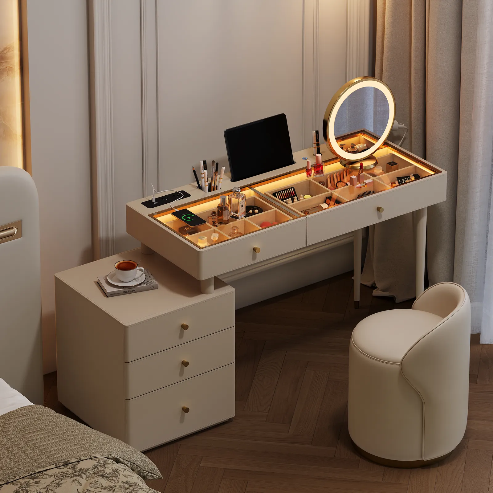 Selvo Saddle Leather Extendable Makeup Vanity Set with LED Mirror & Stool (120–157 cm)