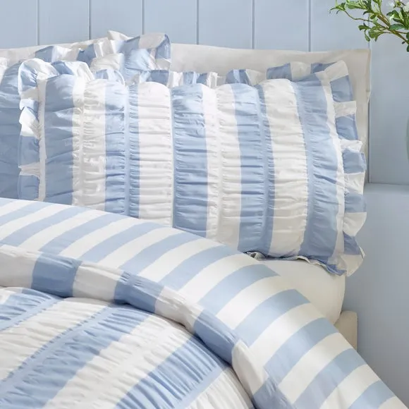 Catherine Lansfield Seersucker Frill Stripe Polycotton Duvet Cover & Pillowcase Set 3
