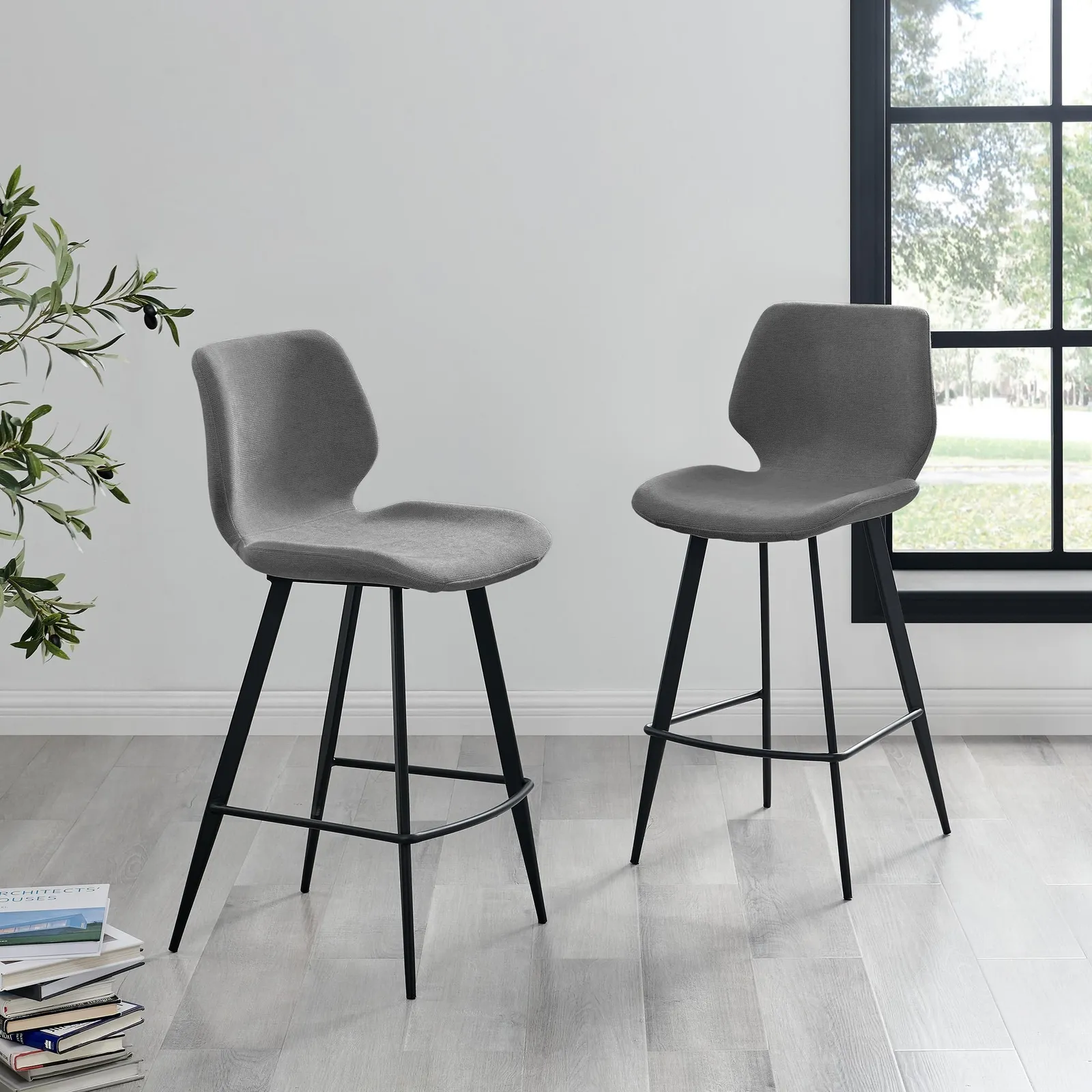 FurnitureboxUK Nyla Set of 2 Fabric Black Leg Counter Stools in Grey 2