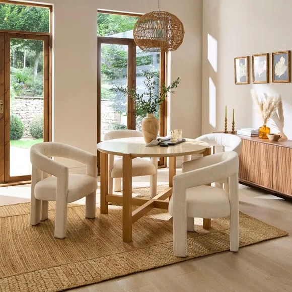 Halton 4 Seater Round Dining Table, Travertine Stone & Oak