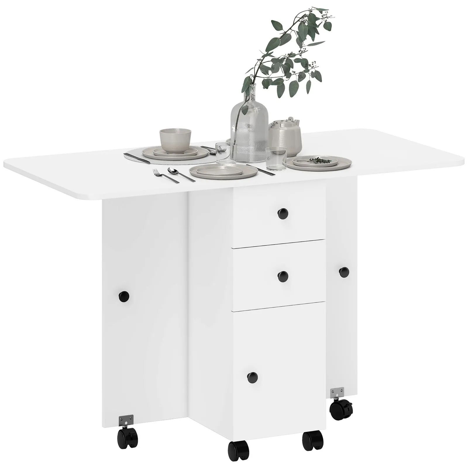 HOMCOM Folding Dining Table, Drop Leaf Table With Storage Drawers in Brown 2