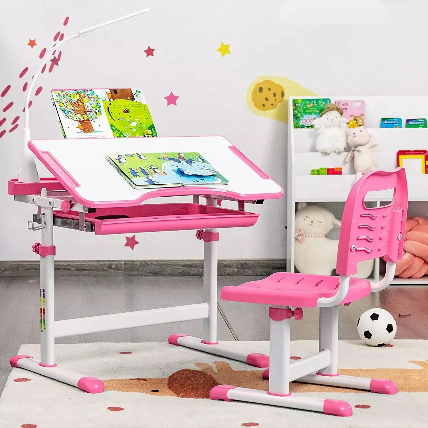 Costway Height Adjustable Study Table & Chair Set w/Book Stand & LED Light in Pink 6