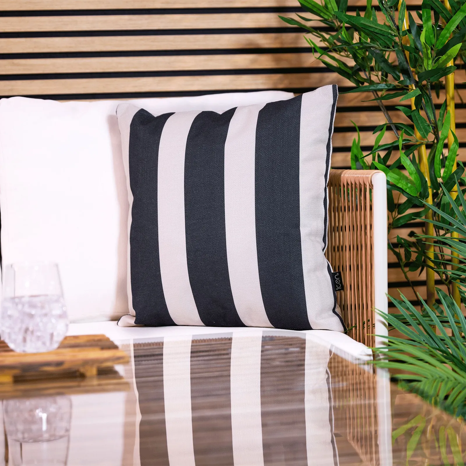 icon Indoor & Outdoor Striped Waterproof Cushion Green in Black
