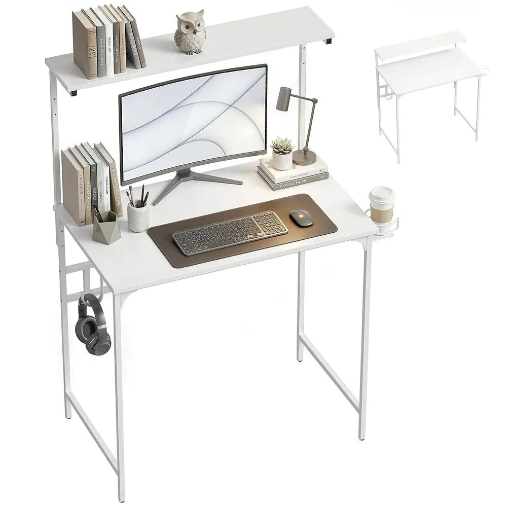 HOMCOM Computer Desk, 80cm Home Office Study Table with Hutch Shelf in White 2