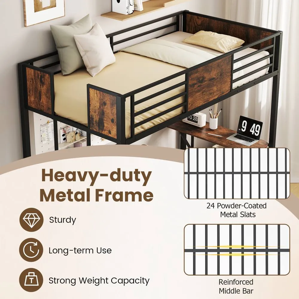 Costway Loft Bed Single Size w/ Desk & Shelf Metal Bedframe w/Safety Guardrail in Brown 2