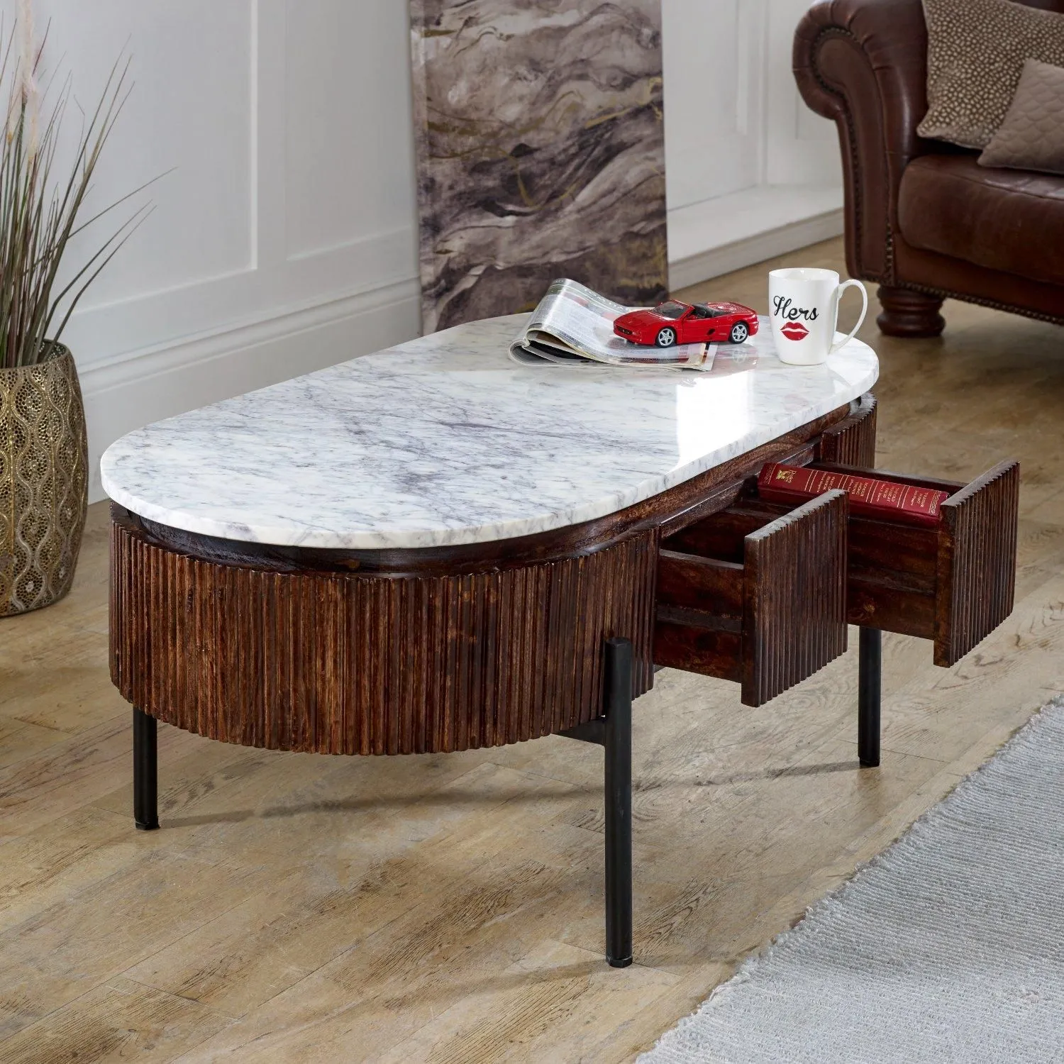 IH Design Tilden Marble & Mango Wood Rectangular Fluted Coffee Table in White 2