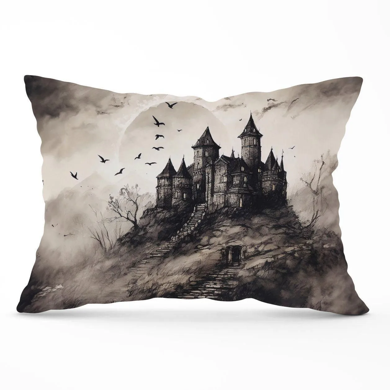 Warren Reed - Designer A Realistic Ink Drawing Of A Haunted Castle Cushions in Grey