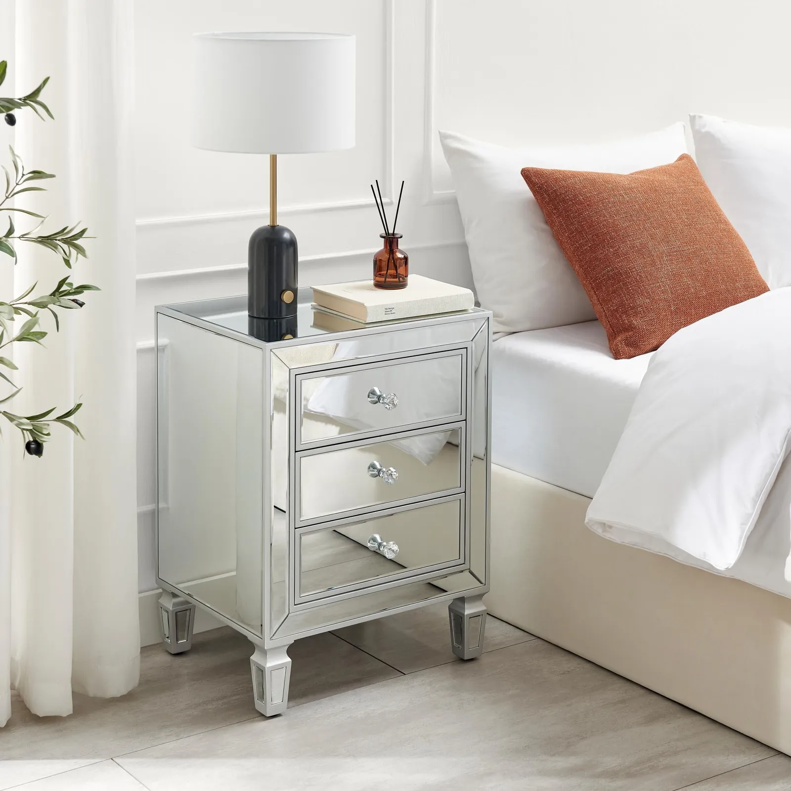 FurnitureboxUK Venice Contemporary 3 Drawer Silver Framed Mirrored Bedside TableWith Crystaline Shaped Handles