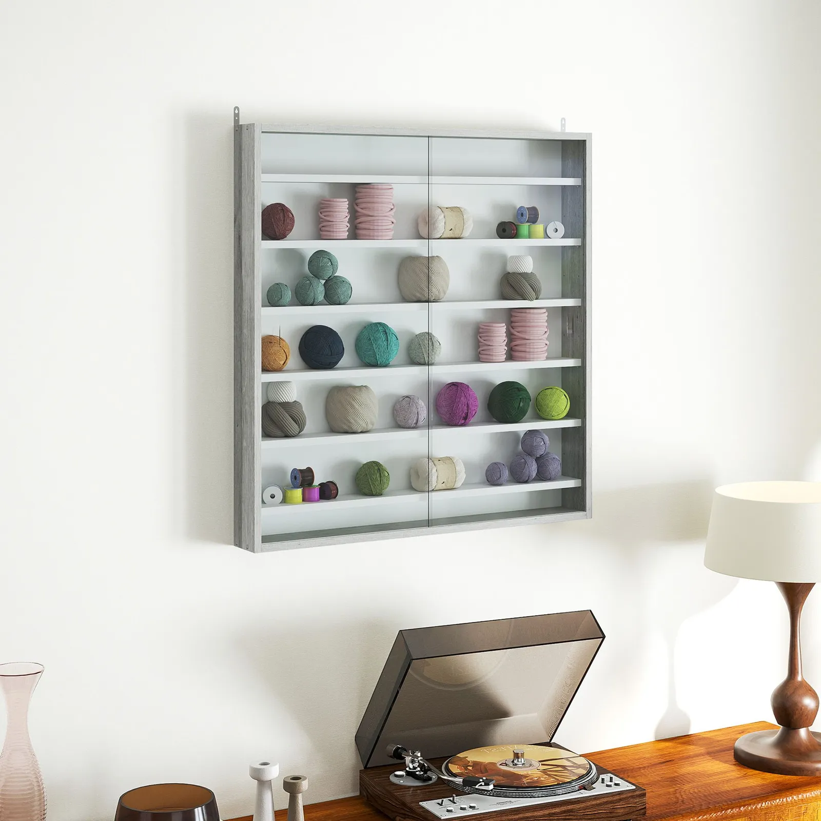 HOMCOM 7-Tier Wall Display Cabinet w/ Shelves Glass Doors in Grey