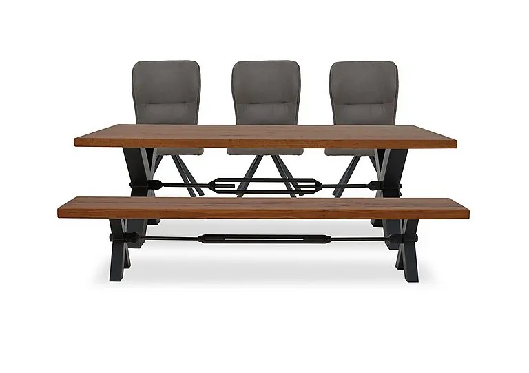Terra Straight Edge Dining Table with Tension Bolt X-Leg, Bench and 3 Steel Fabric Swivel Chairs - 220-cm - Old Bassano