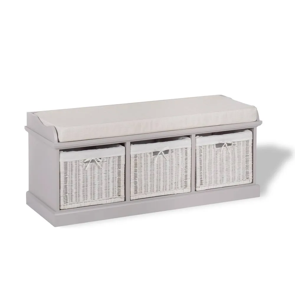 Statement Furniture Tetbury Bench with 3 White Wicker Baskets & Cream Cushion in Taupe 5
