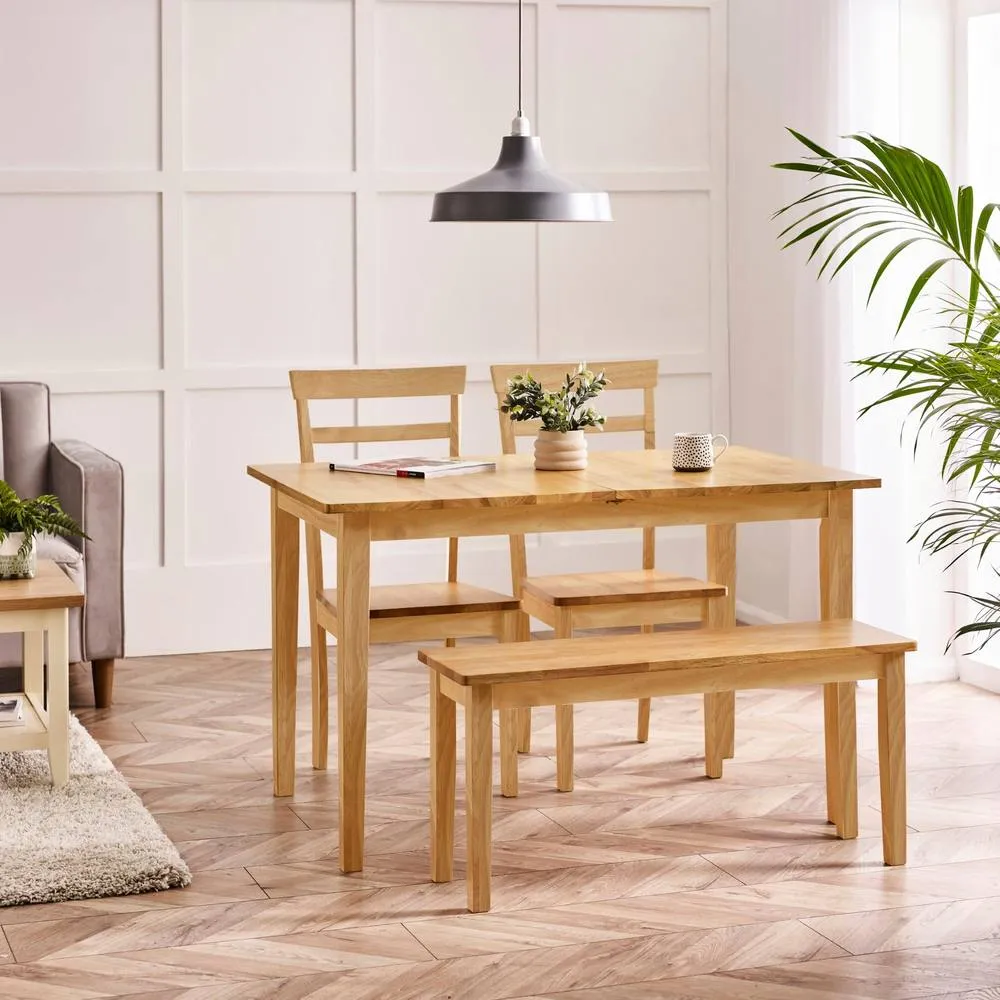 FurnitureboxUK Salcombe Extending Oak Effect Table with 2 Chairs & 1 Small Bench in Brown