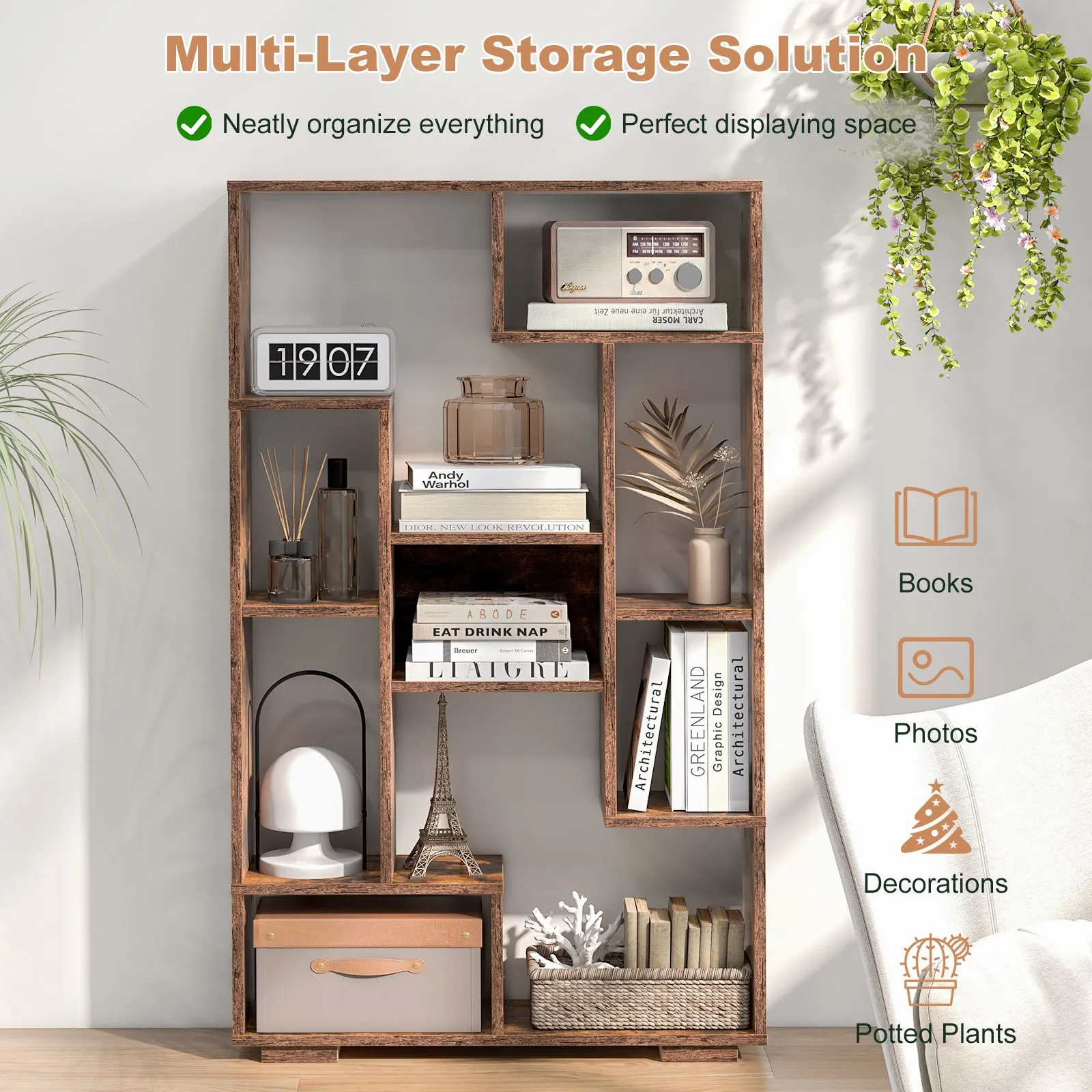 Costway Modern Geometric Bookcase Book Storage Organizer Shelf 120cm Tall Bookshelf in Brown 4