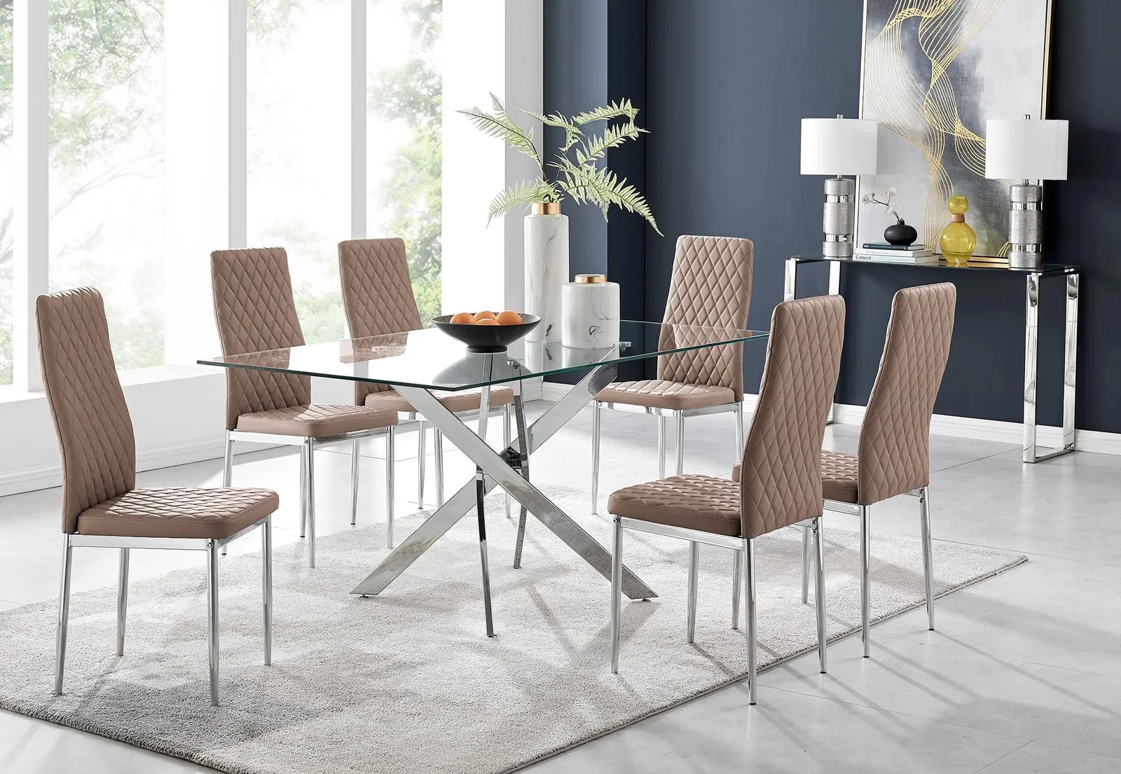 FurnitureboxUK Leonardo Glass & Chrome Metal Dining Table & 6 Milan Chairs Dining Set in Beige 1