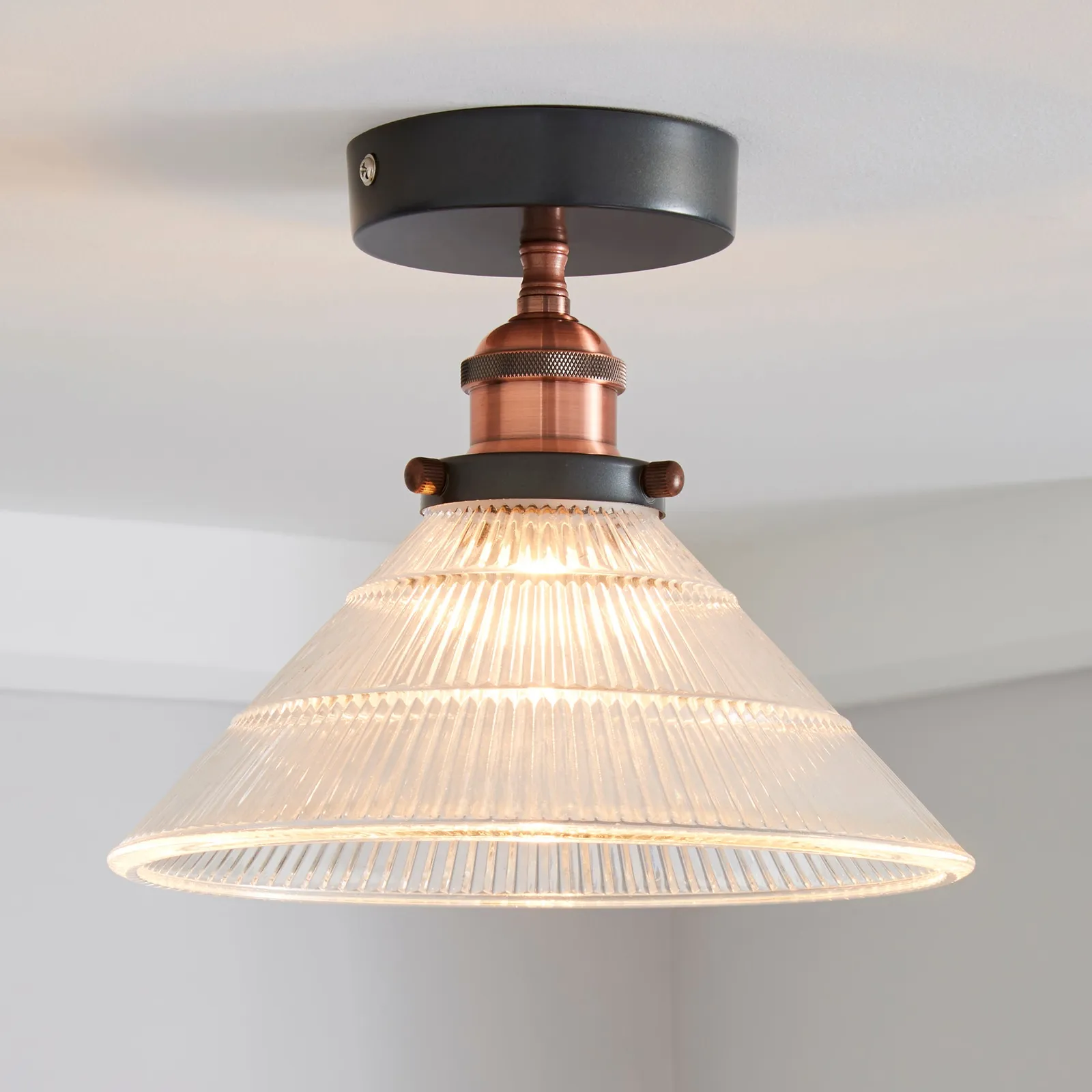 Logan 1 Light Pendant Glass Industrial Semi-Flush Ceiling Fitting Black and Clear