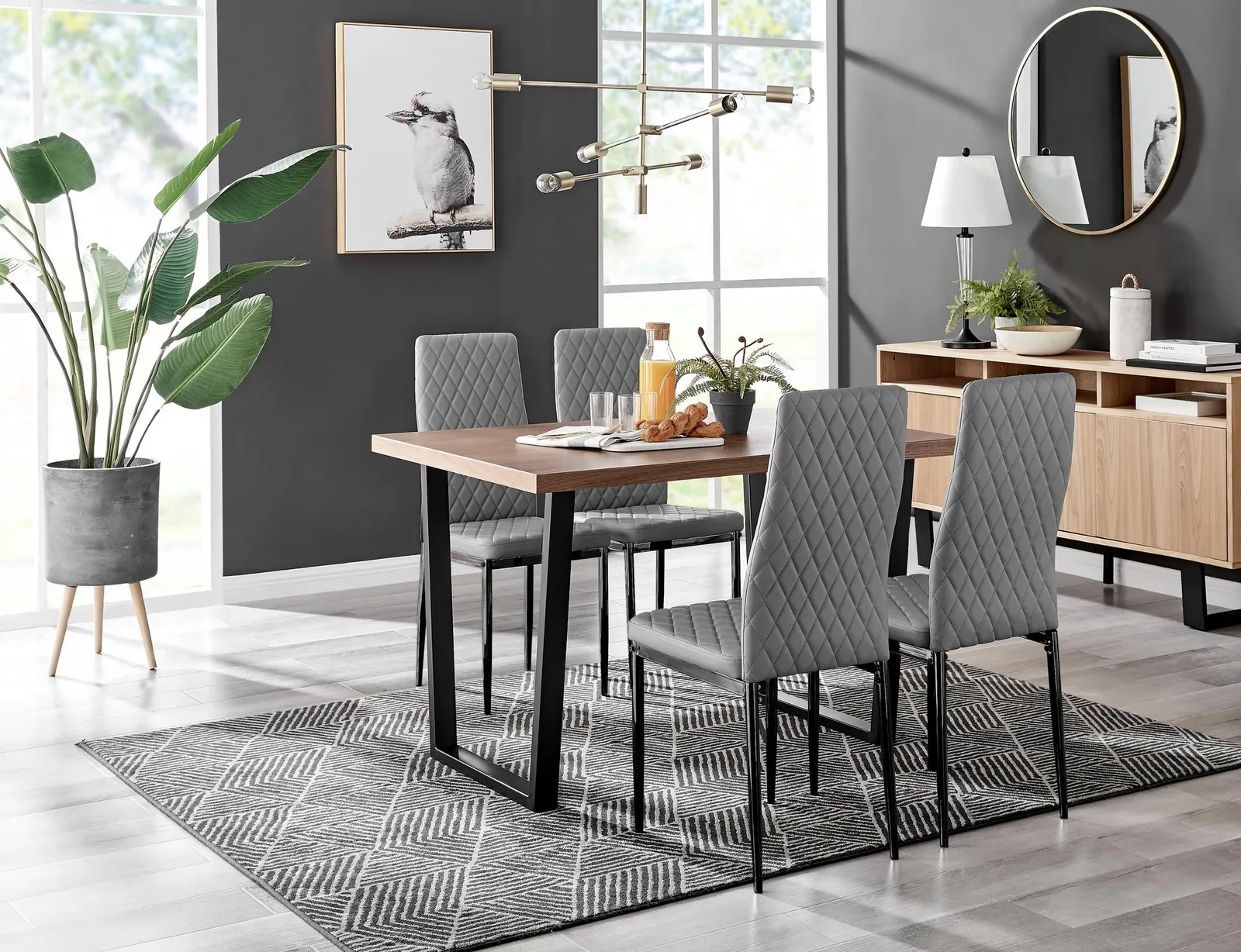 FurnitureboxUK Kylo Brown Wood Effect Dining Table With Black 'U' Legs & 4 Milan Faux Leather Chairs in Grey 1