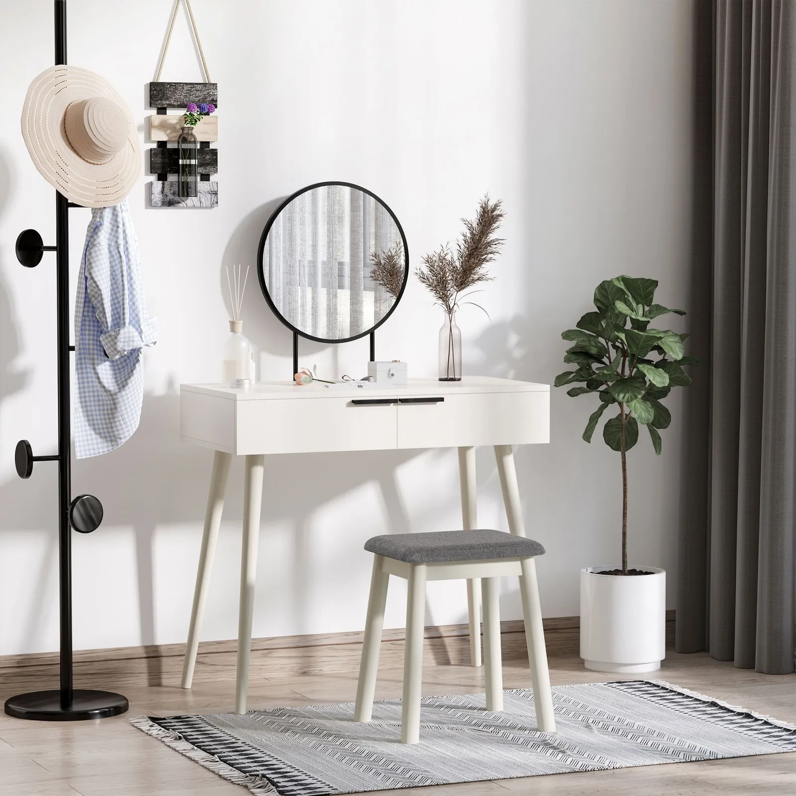 HOMCOM Vanity Table Set Dressing Desk Cushioned Stool Drawer Makeup Table in White