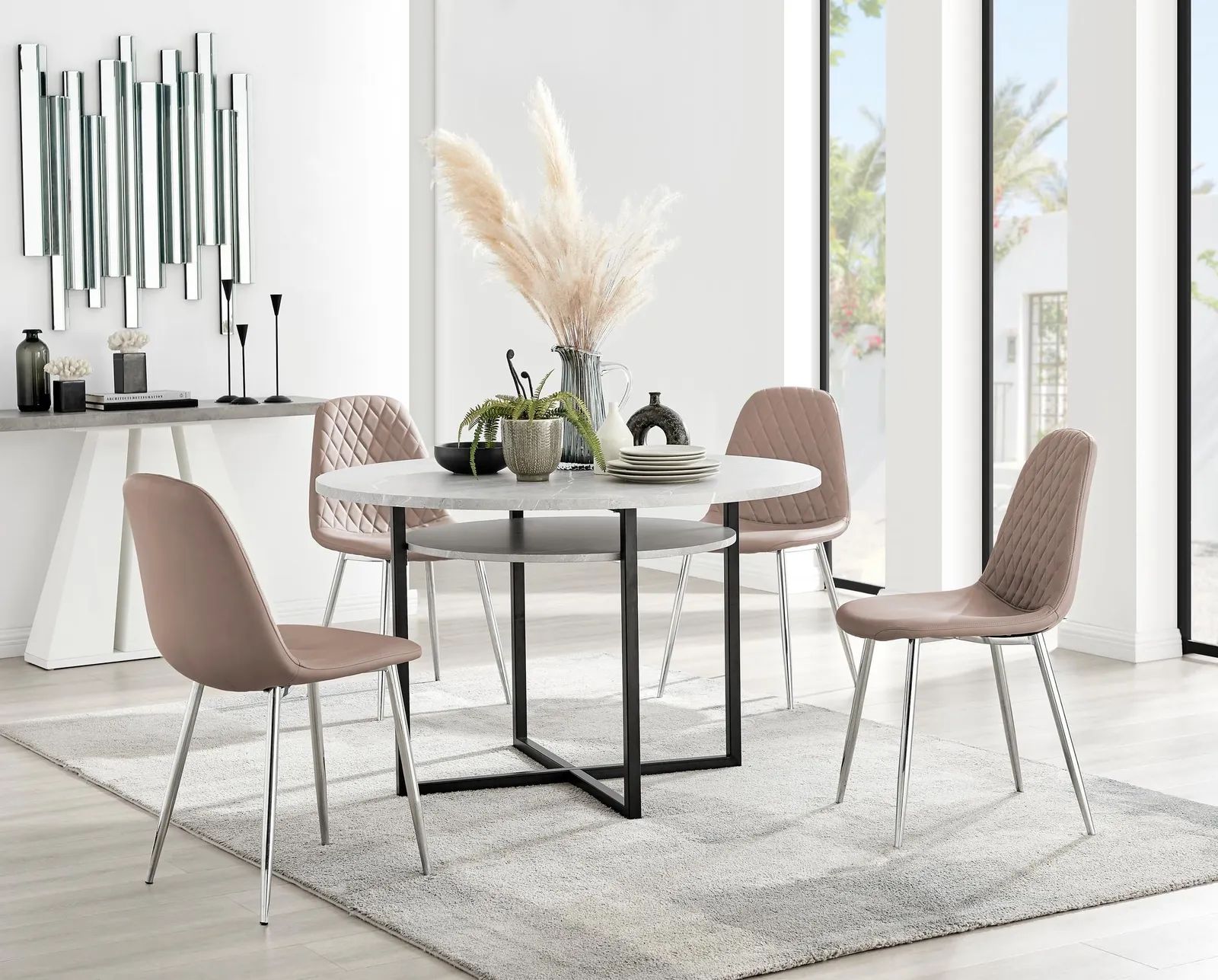 FurnitureboxUK Adley Grey Concrete Effect Round Dining Table & 4 Corona Silver Chairs in Beige