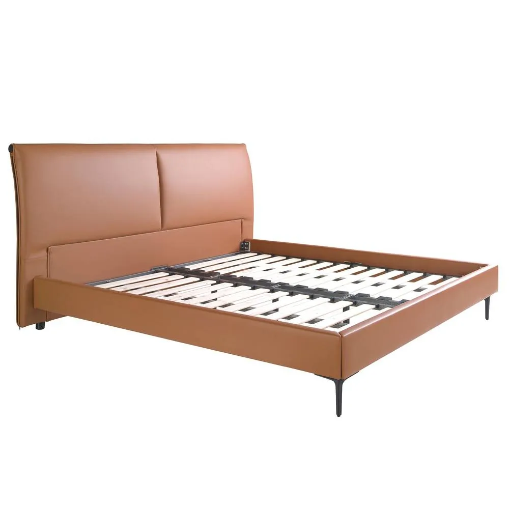Angel Cerda Brown Leatherette Double Bed Pine Base, Steel Legs