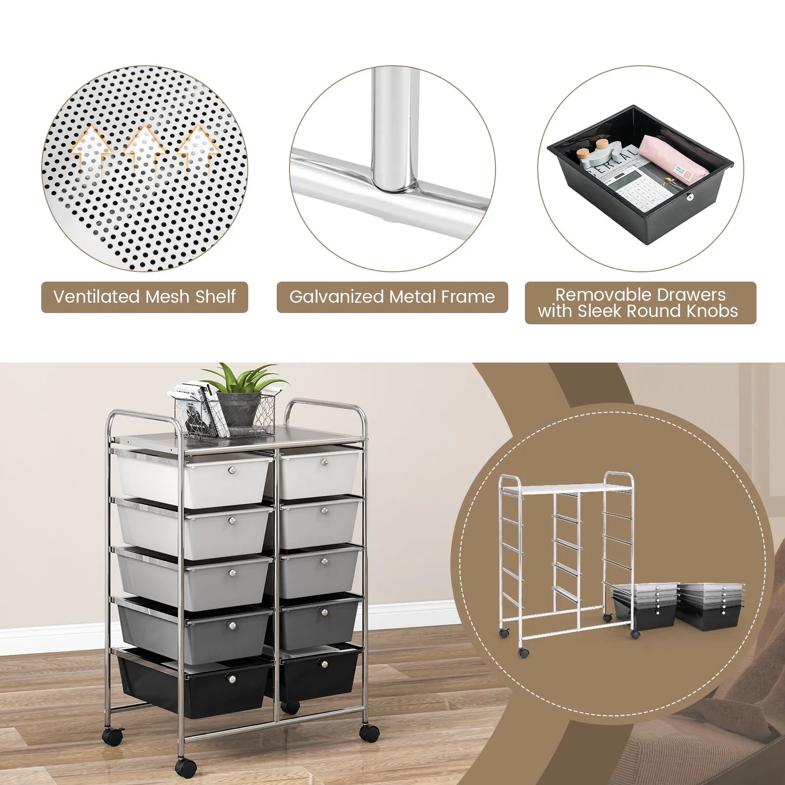 Costway 10 Drawers Storage Trolley Mobile Rolling Utility Cart Home Office Organizer in Black 6