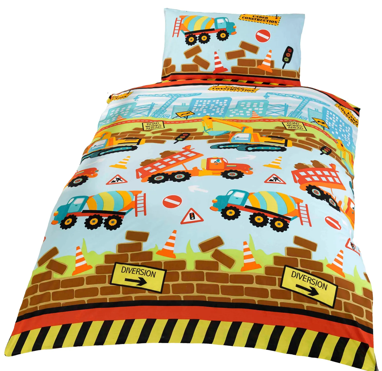 Rapport Home Under Construction Polycotton Duvet Cover Set with Pillowcase in Light Blue 2