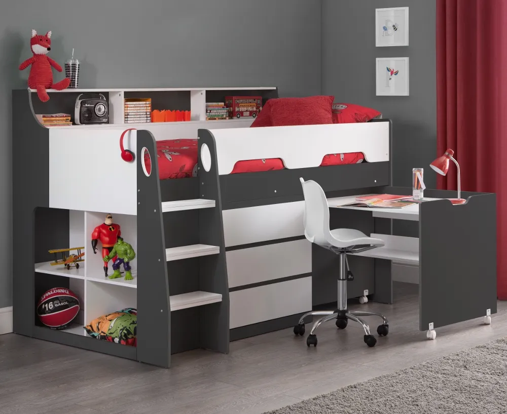 Jupiter - Single - Kids Mid Sleeper Cabin Bed - Grey and White - Wood - 3ft - Happy Beds 1