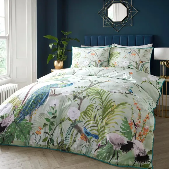 Peacock Jungle Green 100% Cotton Duvet Cover & Pillowcase Set 1