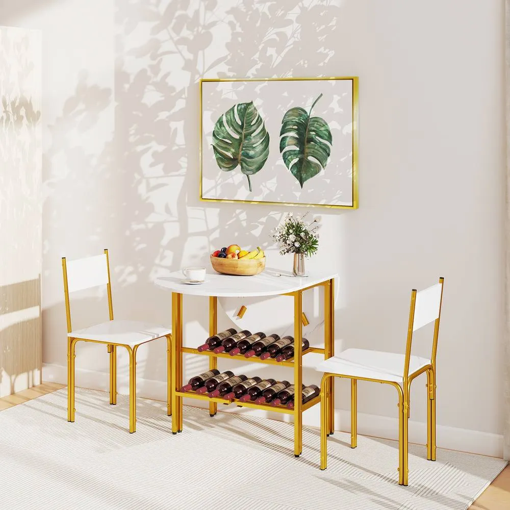 Costway 3 Piece Drop Leaf Dining Table Set w/ 2 Chairs Marble Kitchen in White 3
