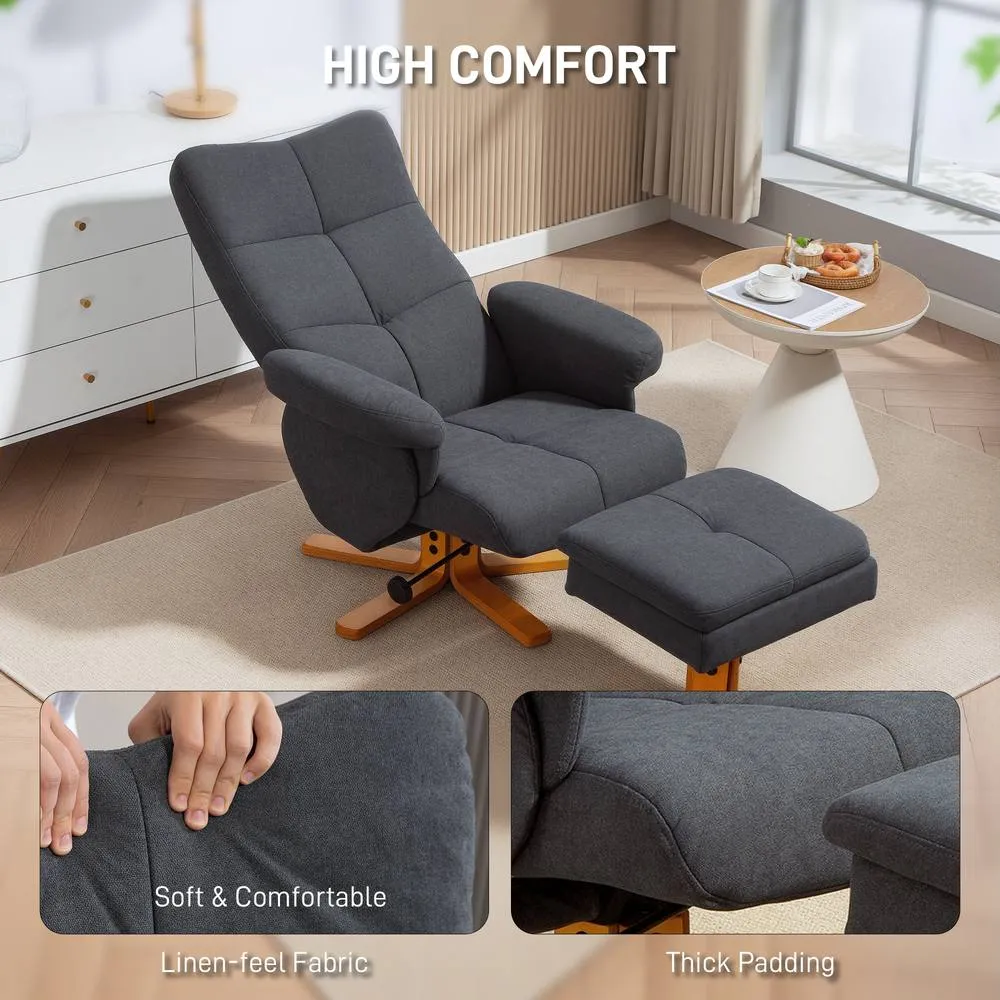 HOMCOM Linen Recliner Chair & Footstool Wooden Base Grey 6