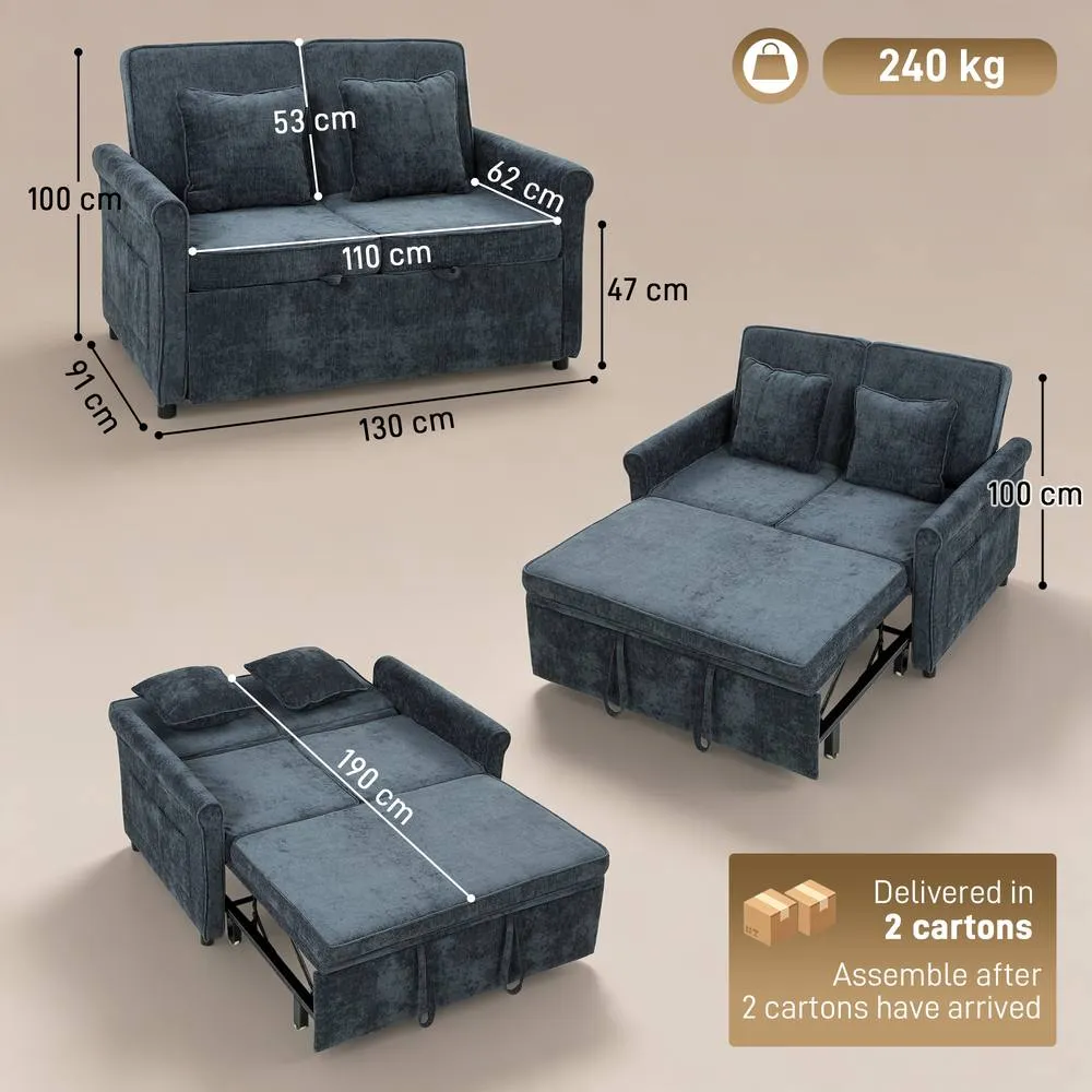 HOMCOM 2 Seater Sofa Bed, 3-in-1 Convertible Pull Out Sofa Bed, Dark Blue 3