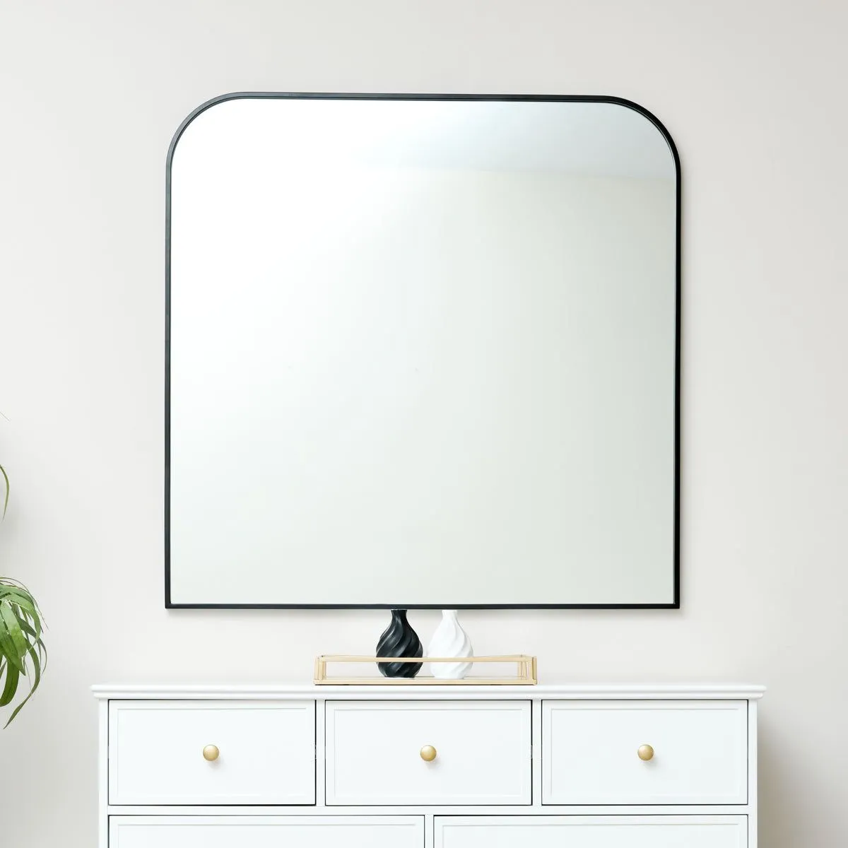 Melody Maison Large Black Curved Square Arched Overmantel Mirror 100cm X 100cm in Jet Black
