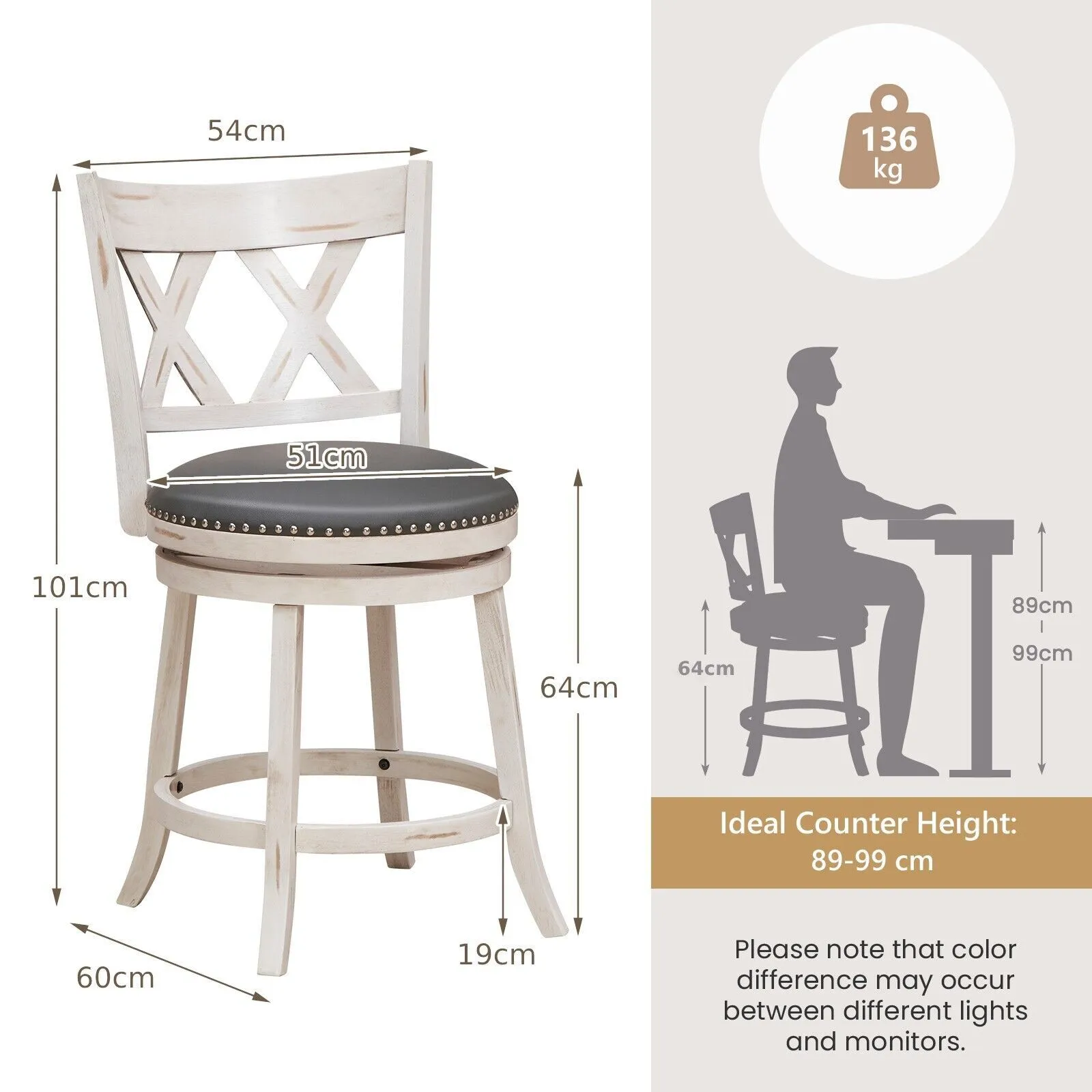 Costway Set of 2 Bar Stools Counter Height Chair Pub 360 Swiveling Upholstered Seat 24" in White 2