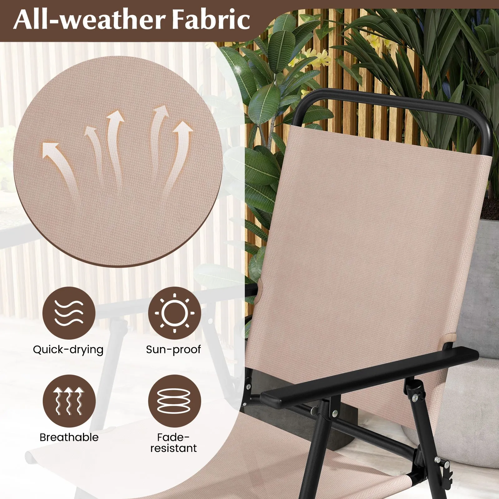 Costway 3 PCS Outdoor Folding Bistro Set Patio 2 Folding Chairs & Round Bar Table W/ 4 cm Umbrella Hole in Beige 6