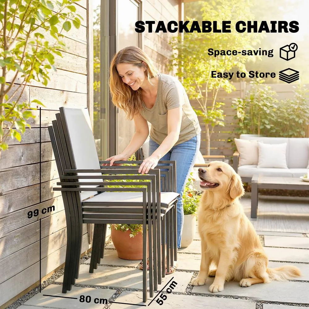 OUTSUNNY Garden Dining Set with Umbrella Hole, Stackable Chairs, Light Grey 5