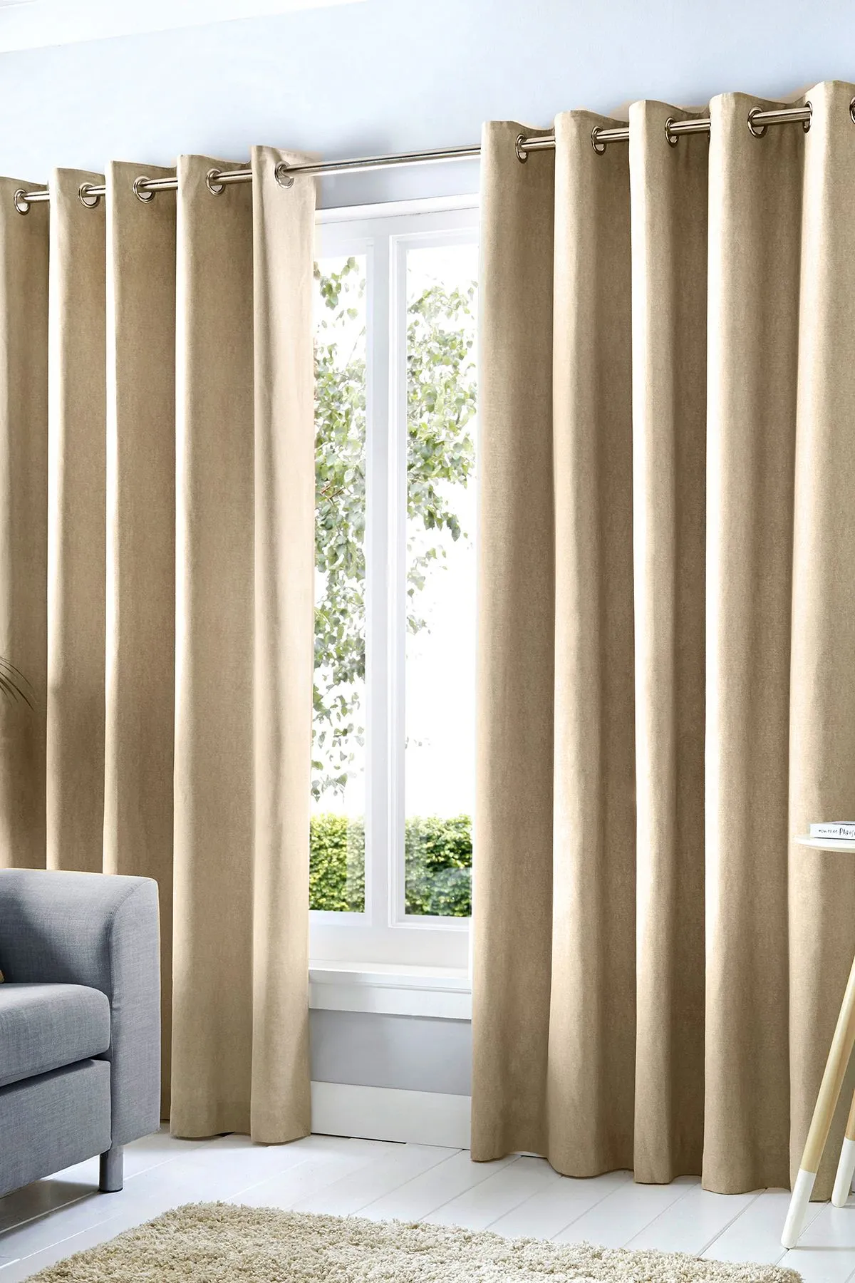 Fusion 'Cannes' 100% Cotton Black Out Plain Dyed Eyelet Curtains in Natural 1