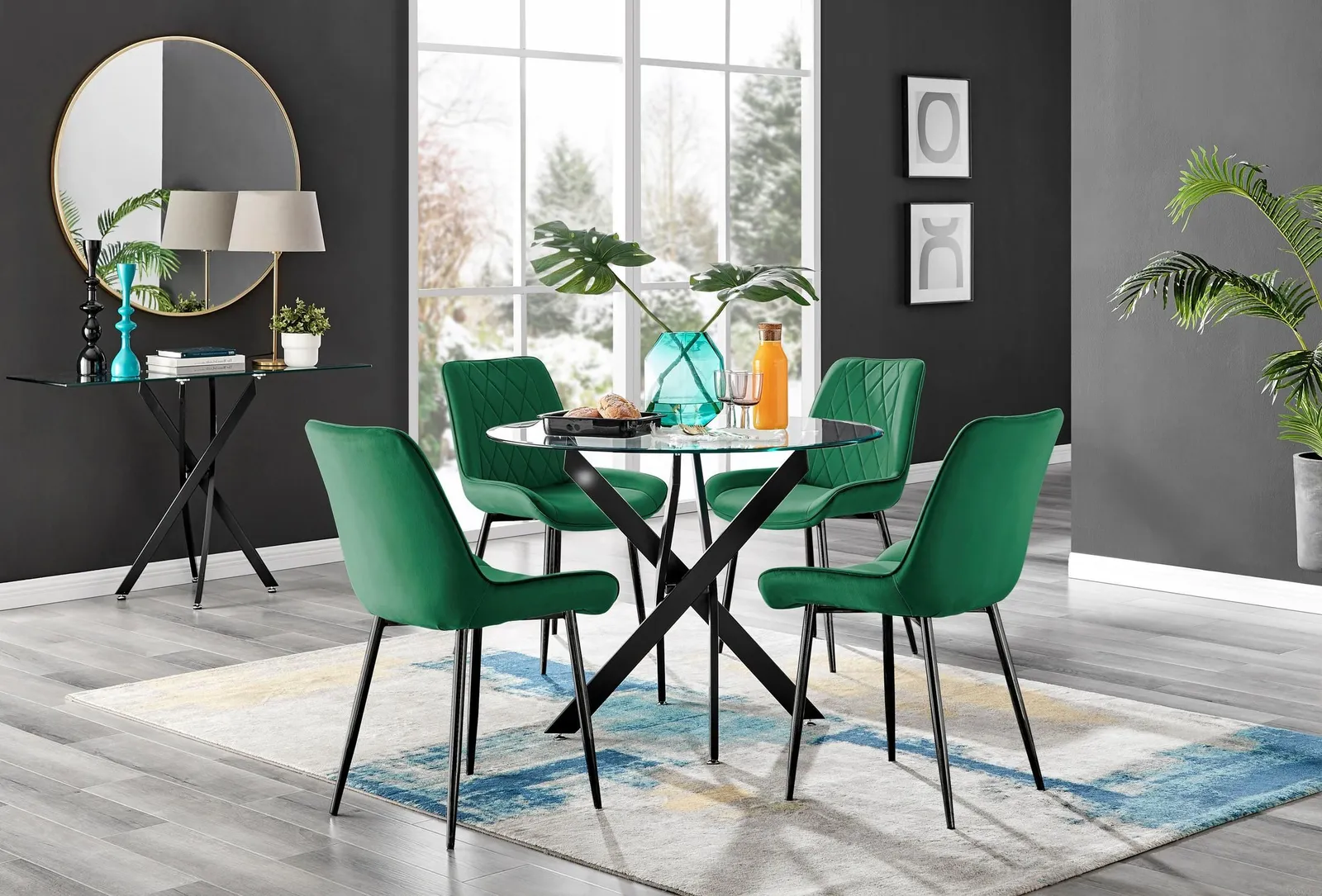FurnitureboxUK Novara 4 Seater Black Leg Round Glass Dining Table & 4 Pesaro Soft Velvet Black Leg Chairs in Green 1