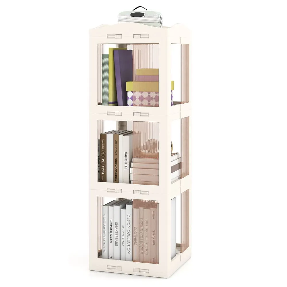 Costway Foldable Rotating Bookshelf 3-Tier Revolving Bookcase Display Shelf in White