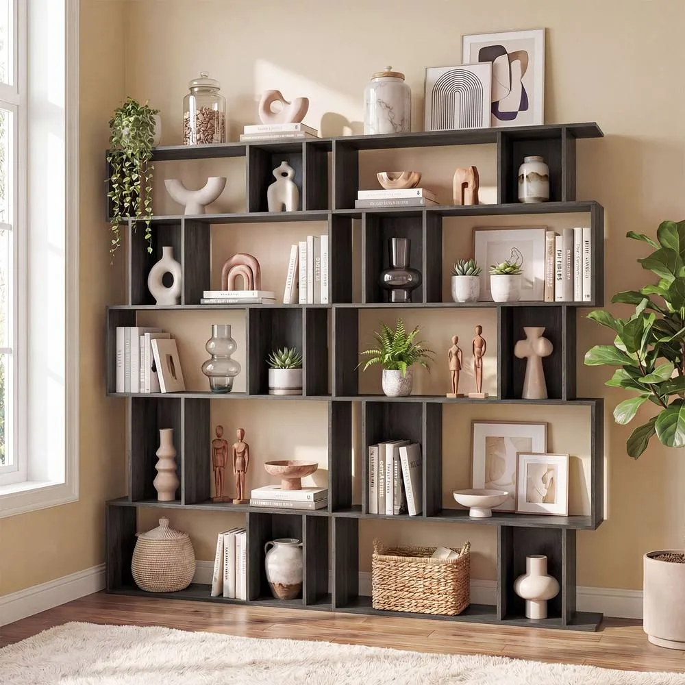 Costway Geometric Bookshelf 5-Tier Bookcase with Open Shelves in Brown 5