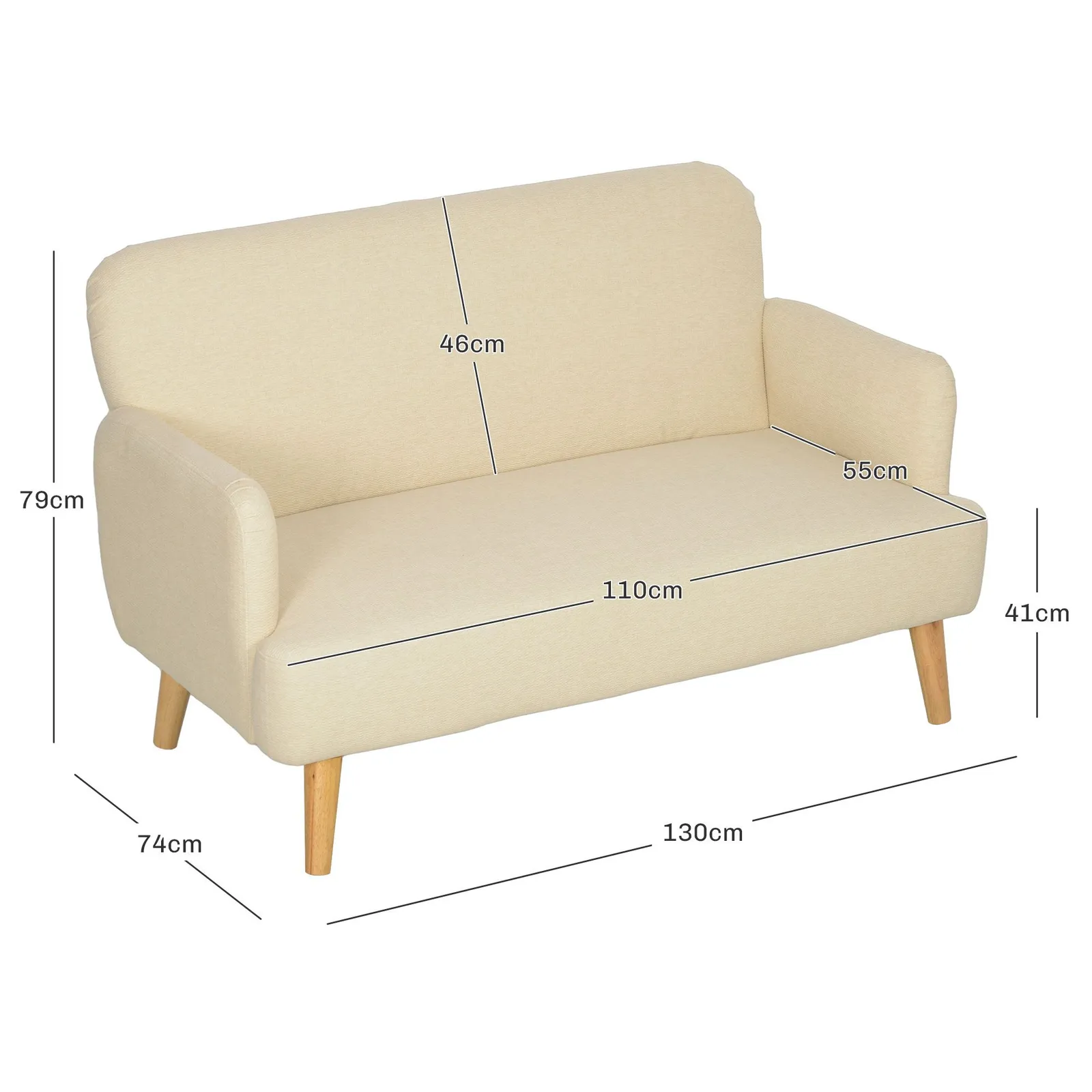 HOMCOM 2 Seater Sofa with 21cm Thick Padding & Wood Legs in Cream 3