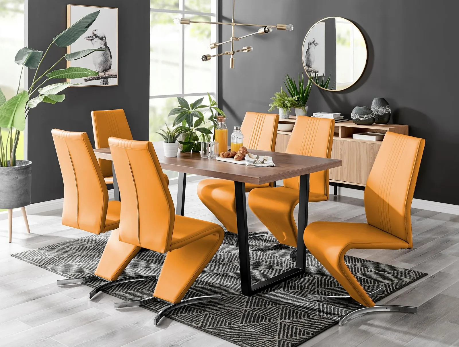 FurnitureboxUK Kylo Large Brown Wood Effect Dining Table & 6 Willow Faux Leather Chairs in Mustard 1
