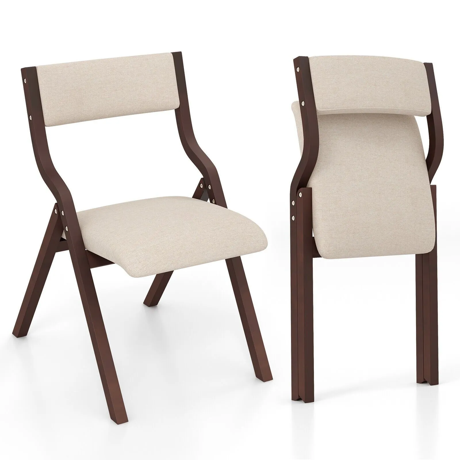 Costway Set of 2 Padded Folding Chair Wooden Counter Dining Chairs W/ Linen Fabric Seat in Brown 5