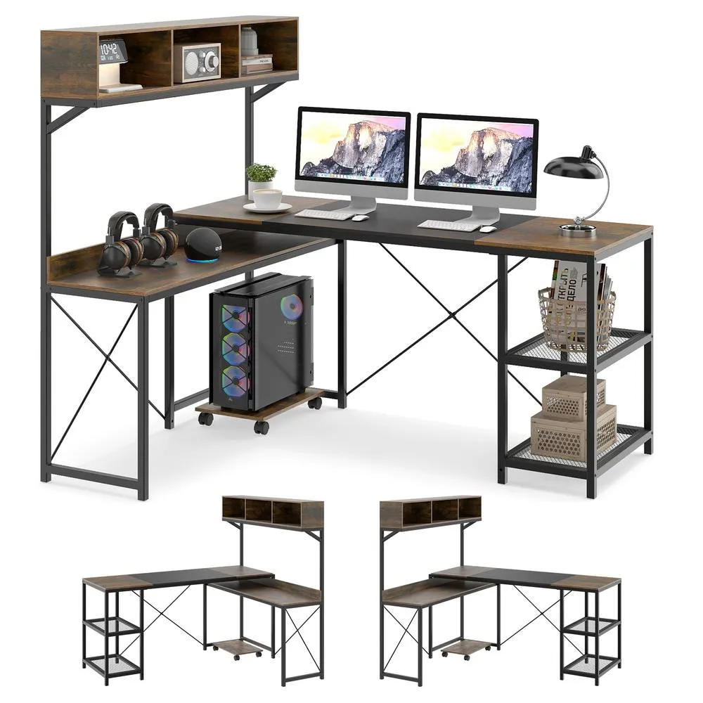 Costway L-Shaped Computer Desk Reversible Corner Workstation w/ Storage Hutch in Dark Brown