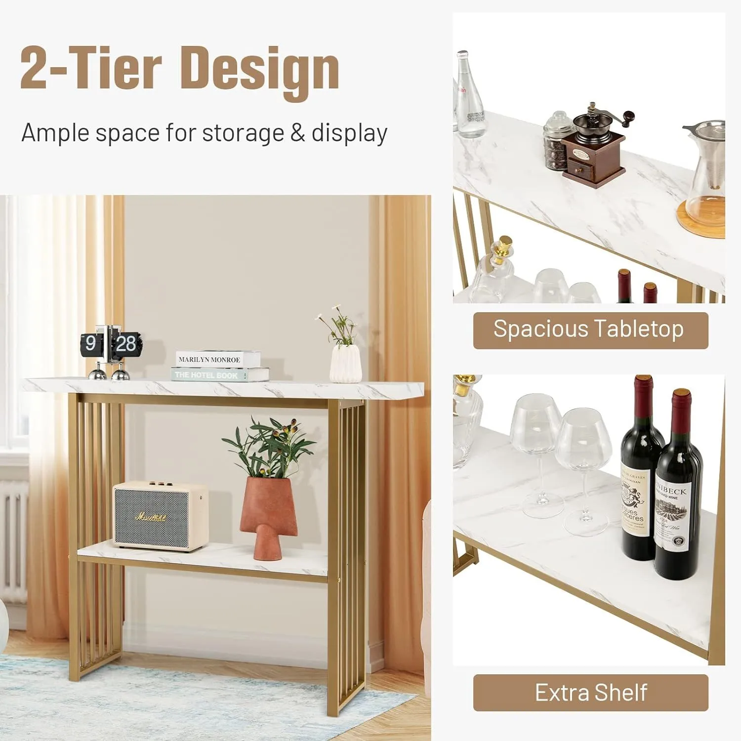 Costway 2-tier Console Table White Faux Marble Sofa Table Modern Entryway Hallway Narrow Table 2