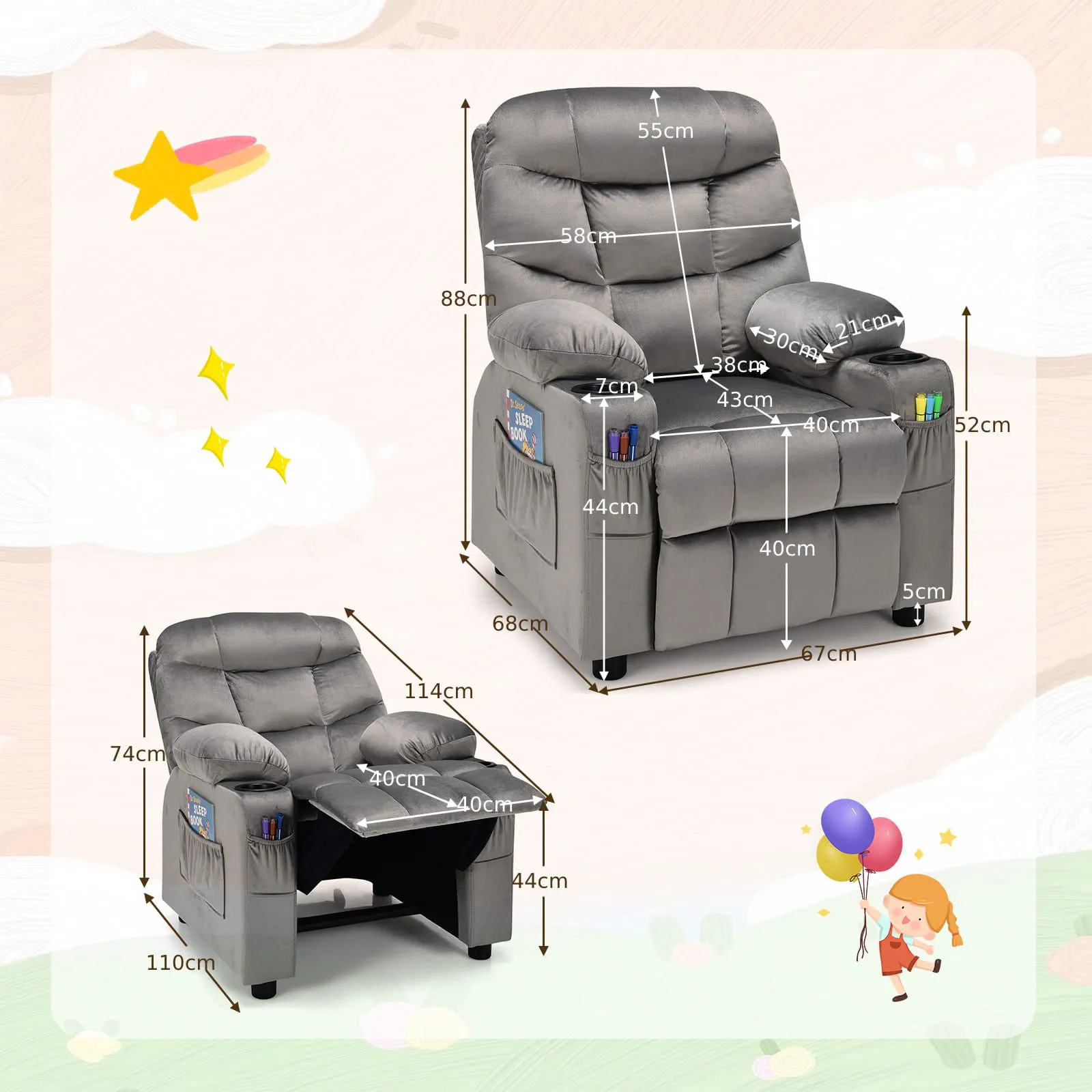 Costway Recliner Chair Velvet Fabric Adjustable Sofa Chair Gaming Lounge Chair in Grey 2