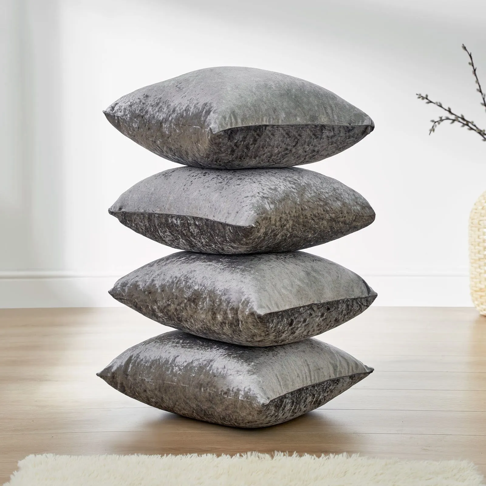 OHS Luxury Crushed Velvet Set of 4 Filled Cushions & Covers in Silver
